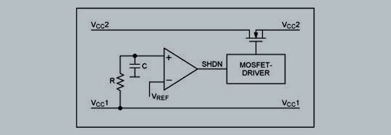Power sequencing using an RC network, comparator and MOSFET driver
