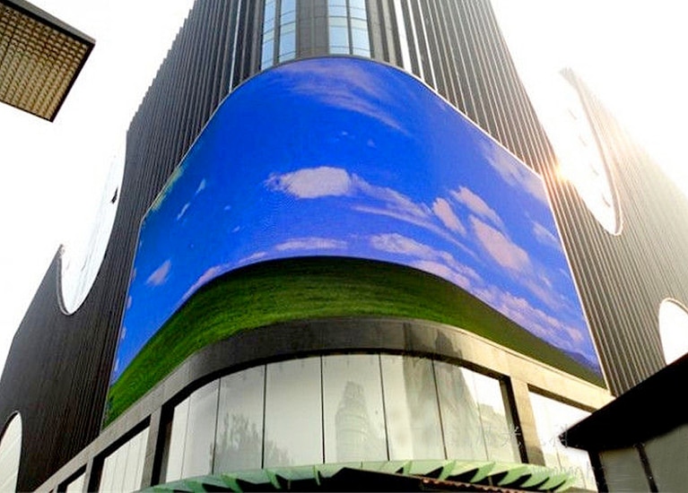 Three-dimensional LED lights on corner of building image