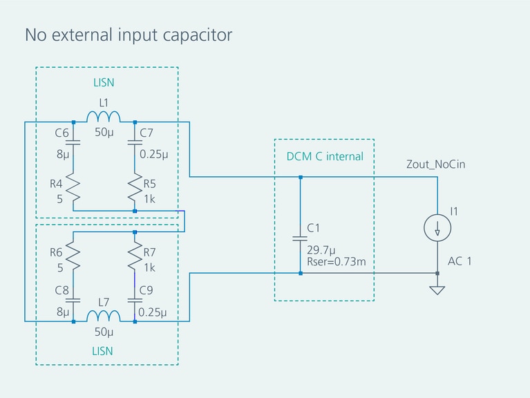 Simulation schematics for the input impedance with no external input capacitor image
