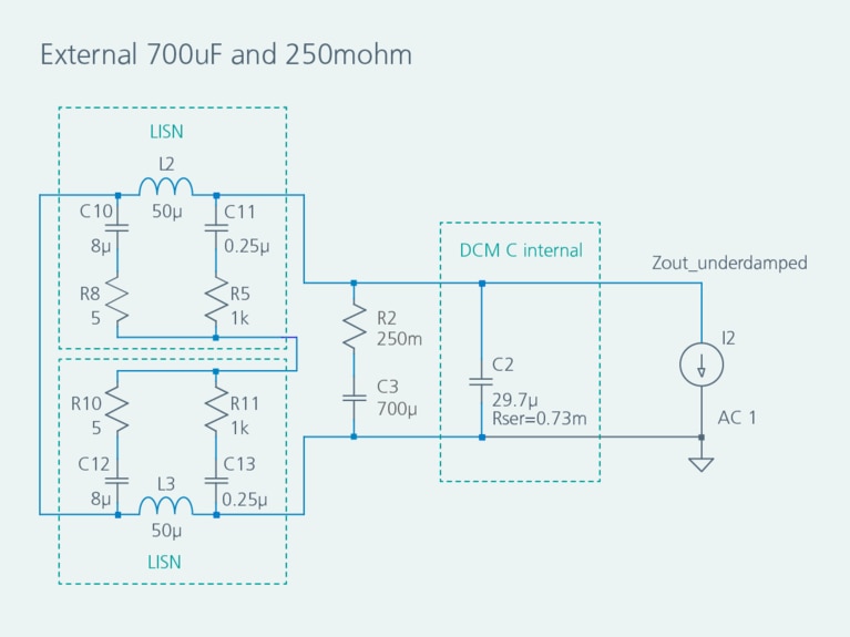Simulation schematics for the input impedance with a 700µF external capacitor with 250mΩ damping resistor and no impedance separation image