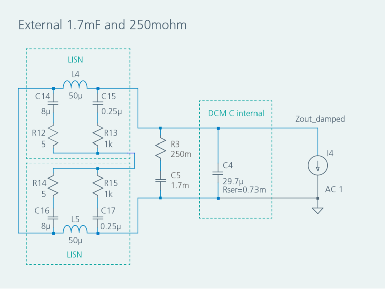Simulation schematics for the input impedance with a 1.7mF external input capacitor with 250mΩ damping resistor and 6 dB impedance separation image